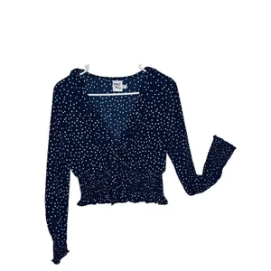 Princess Polly Top Womens Size 8 Blue Long Sleeve Ruffle White Polka Dot Crop thumbnail 2
