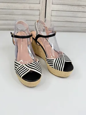 NINE WEST Women's "BREEZE0L1" Striped Espadrille Wedge Sandal Black/White-9.5M thumbnail 3