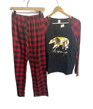 Soloyee Mama Bear Black Red Buffalo Plaid Pajama Set M Stretch‎ Long Sleeve thumbnail 1