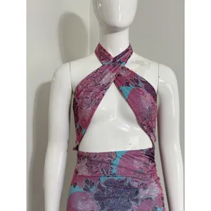 Edikted Women Pink Blue Paisley Mesh Halter Neck Cut Out Ruched Mini Dress Y2K S thumbnail 3