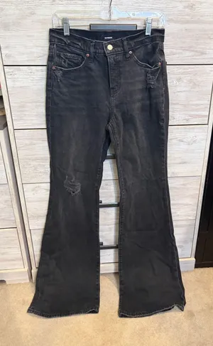 Express 70s Flare Mid Rise Distressed Black Jeans Size 6L Long thumbnail 1