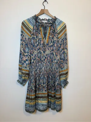 Current Air Bohemian Paisley Floral Printed Pleated Long Sleeve Mini Dress thumbnail 2