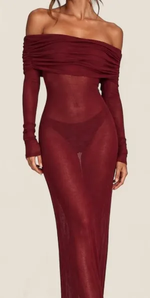 Superdown Burgundy Chantal Off Shoulder sheer gown Maxi dress Small Formal thumbnail 1