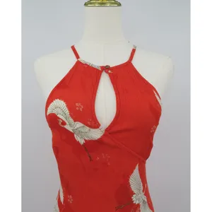 Billabong Red Crane Print Halter Mini Dress Women Medium Keyhole Neck Tie Waist‎ thumbnail 7