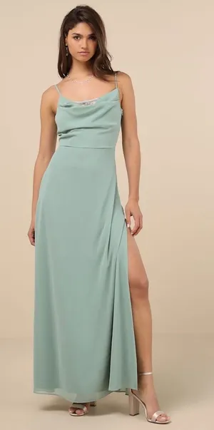 NWT Lulus Eliora Sage Green Lace Cowl Neck Chiffon Maxi Dress Bridesmaid Satin L thumbnail 1