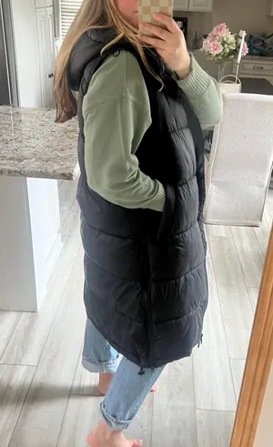Zara Women's Black Long Puffer Vest Water Repellent Zip XL thumbnail 3