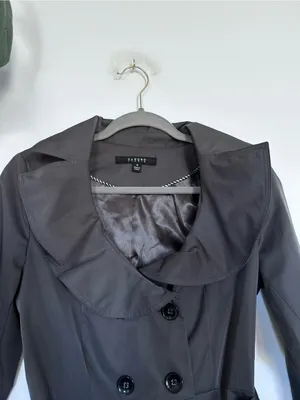 Sandro Studio Gray Ruffle Neck Double Breasted Short Trench Coat Size Small thumbnail 3
