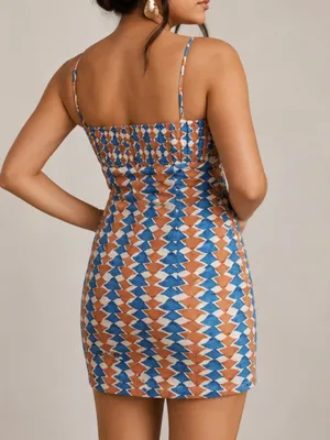 Anthropologie Maeve Ophelia Linen Blend Blue Multi Square Neck Geometric Mini Dress thumbnail 2