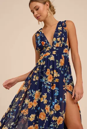 Lulus Blue Floral Dress Navy thumbnail 1