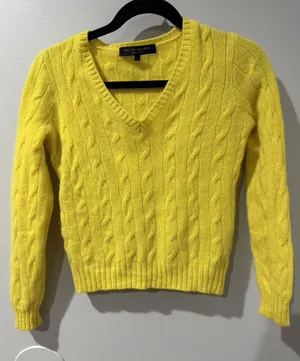 $398 Ralph Lauren Black‎ Label Women's Cable-Knit Cashmere Sweater Sz L Yellow X thumbnail 1