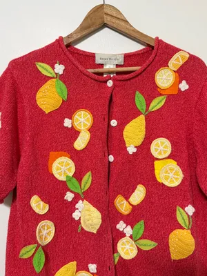 Susan Bristol Vintage Lemon Knit Cardigan Sweater Size Large XL Vtg thumbnail 4