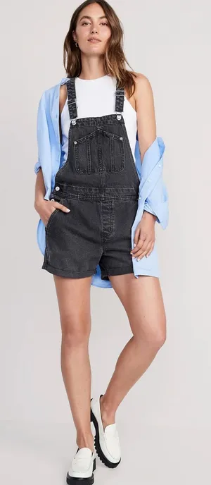 Old Navy Slouchy Straight Non-Stretch Black Jean Short Overalls XL thumbnail 1