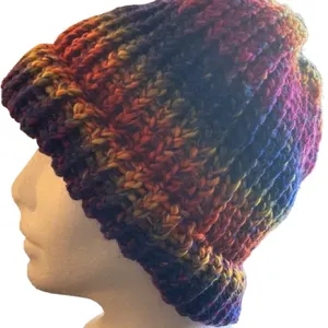 Handmade multicolor knit beanie hat for adults for winter Red thumbnail 1