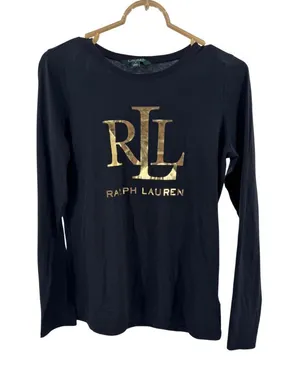 Ralph Lauren Black Long-Sleeve Tee Gold RL Logo S casual layering lightweight thumbnail 1