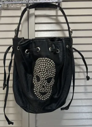 NILA ANTHONY Studded Skull Bucket Bag Purse Tie Faux Leather Pockets Lined Clean thumbnail 1