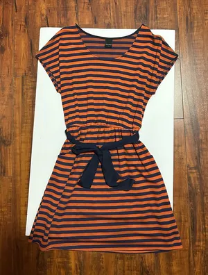 Striped Orange and Navy Belted Casual Dress thumbnail 1