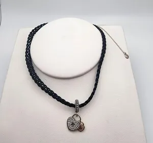 Pandora Sterling Silver Heart Padlocks & Black Woven Cord Choker thumbnail 3