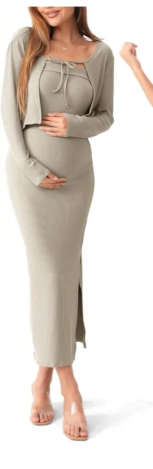 SUNNYBUY Baby Shower Maternity Tube Dress Short Cardigan Ribbed Maxi Dress thumbnail 1