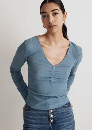 Madewell Semi-Sheer Shirred V-Neck Top Blue Long Sleeve NM647 FA23 Women M thumbnail 1