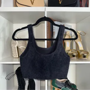 Babaton Aritzia Fuzzy Knit Cropped Tank Top Navy Scoop Neck Womens Medium EUC thumbnail 4
