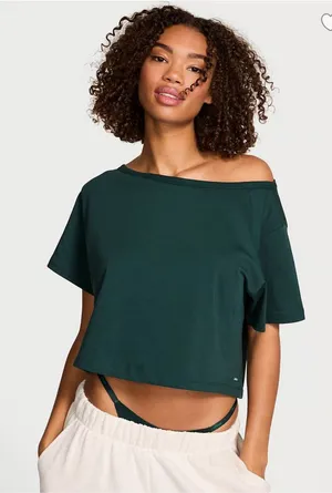PINK Victoria's Secret Dark Green Off-Shoulder Cropped Tee thumbnail 1