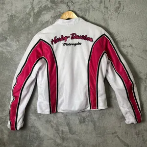 Harley‎ Davidson Y2K Vintage Biker Jacket Pink White Moto Baddie Zip Up Large thumbnail 4
