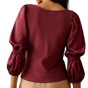 Anthropologie Maeve Ribbed Tiered Sleeve Mixed Media Top‎ Burgundy Size Small thumbnail 2
