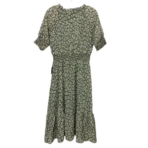 West Kei Olive Green Leopard Print Smocked‎ Midi Dress NWT Small D6625-B thumbnail 2