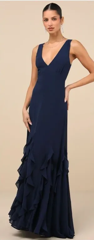 Lulus Alorna Dark Navy Sleeveless Ruffled Maxi Dress Size Small NWT Whimsical thumbnail 1