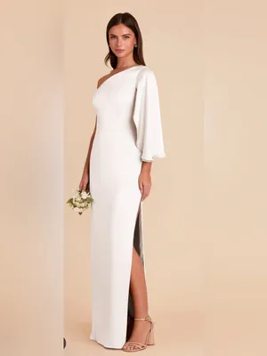 NWT Birdy Grey Christine One Sleeve Matte Satin White Gown Size Small thumbnail 2