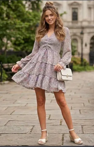 Floral Smocked Waist Tiered Long‑Sleeve Dress - Pastel Floral ladies Medium thumbnail 1