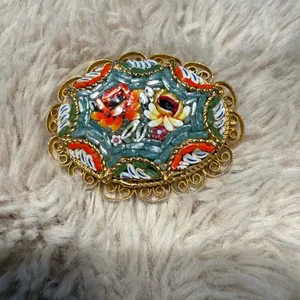 Vintage Gold‎ Micromosaic Micro Mosaic Flower Design Brooch Pin thumbnail 2
