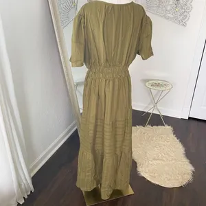 Chicwish Notch Neckline Floret Eyelet Shirred Cotton Dress in Olive XXL thumbnail 3