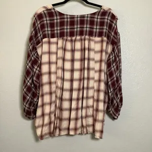Cream Red Plaid Tartan‎ Country Cowgirl Western Distressed Casual Peasant Blouse thumbnail 4