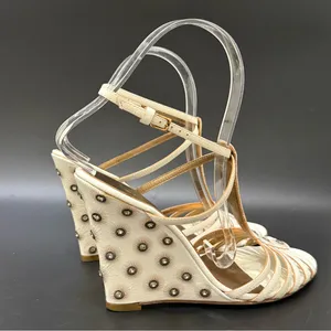 ESCADA Ivory White Leather Crystal Studded T-Strap Wedge Sandals Size 37 1/2 thumbnail 3