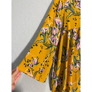 Free People Bella Golden Yellow Floral Print Spring Tunic Blouse sz M Boho thumbnail 4