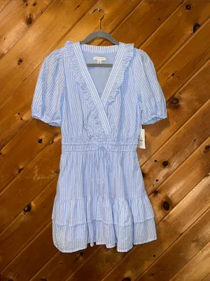 Free Assembly blue & white Tiered Ruffle Mini Dress with Short Puff Sleeves NWT thumbnail 6