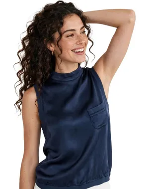Fate Navy Blue Satin Tank M High Neck Pocket Detail Minimalist Sleek Workwear thumbnail 1