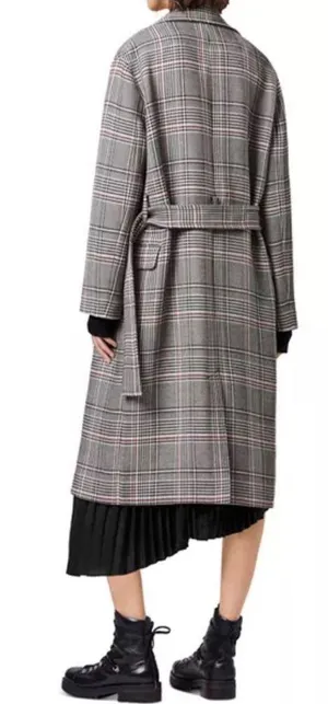 All Saints Tyla Check Plaid Wool Blend Belted Long Trench Coat thumbnail 2
