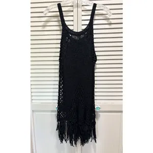 Black‎ Crochet Top Sleeveless Size Medium Open Knit Fringe Linen Cover-up thumbnail 4