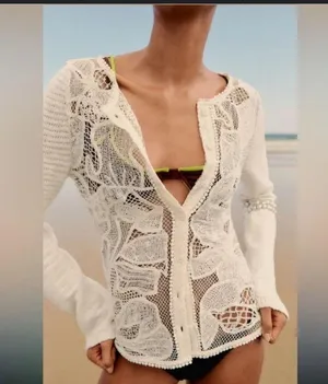 Nwt crochet floral cream cardigan Zara boho classic summer coastal casual s $98 thumbnail 4