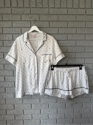 Victoria's Secret White Short Pajama Set with Navy Dot Print thumbnail 2