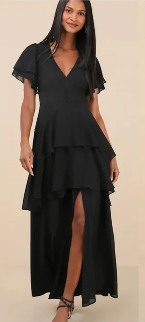 Lulus Midnight Mood Black‎ Tiered Maxi Dress Womens XS Coquette Moody Sexy NEW thumbnail 1