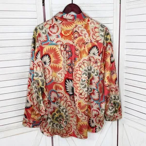 Jodifl Boho‎ Printed Satin Button Up Blouse Shirt Orange Multi Large thumbnail 9
