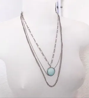 Boho hippie indie Faux Turquoise Pendant Silver Tone Necklace Multi Strand layered chain thumbnail 2