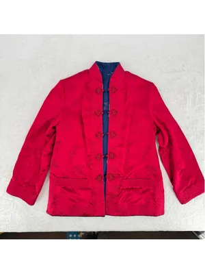 Peony Asian Kimono Jacket REVERSIBLE Blue Floral or Red Shanghai China Vintage L thumbnail 4