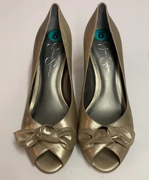 Jessica‎ Simpson Gold Metallic peep Toe Heels Shoes A10 thumbnail 1