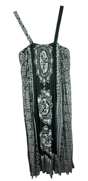 Urban Celt One Size Maxi Dress‎ Dark Green White Smocked Bodice Rayon Sundress thumbnail 1