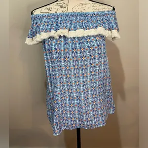 ROBERTA ROLLER RABBIT Lucia Fringe Off Shoulder‎ Top Blue Tile Print sz S thumbnail 5