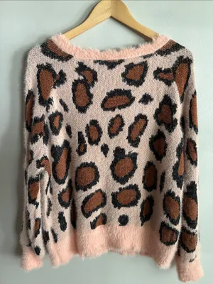 Umgee Leopard Print Fuzzy Sweater Pink Animal Print Oversized Size Small thumbnail 6